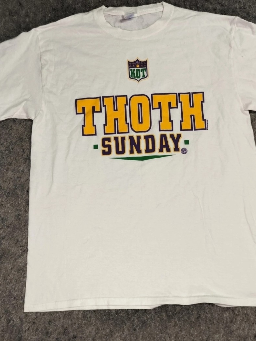 Port and Company White THOTH SUNDAY Graphic Tee with Yellow and Purple Print